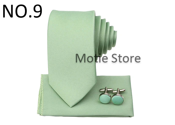 Men's Colorful Polyester Necktie Bowtie Cufflink Brooch Set Sage Green Pink Ties Business Wedding Party Shirt Accessories Gift
