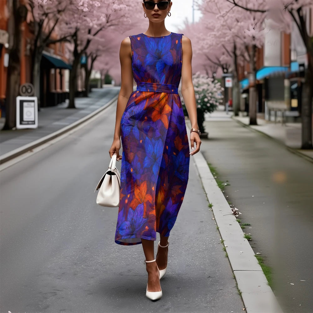 Elegant Floral Dress for Women Breathable A-Line Sleeveless Dress Chic Blue & White with Pink Blooms Office To Vacation Dress