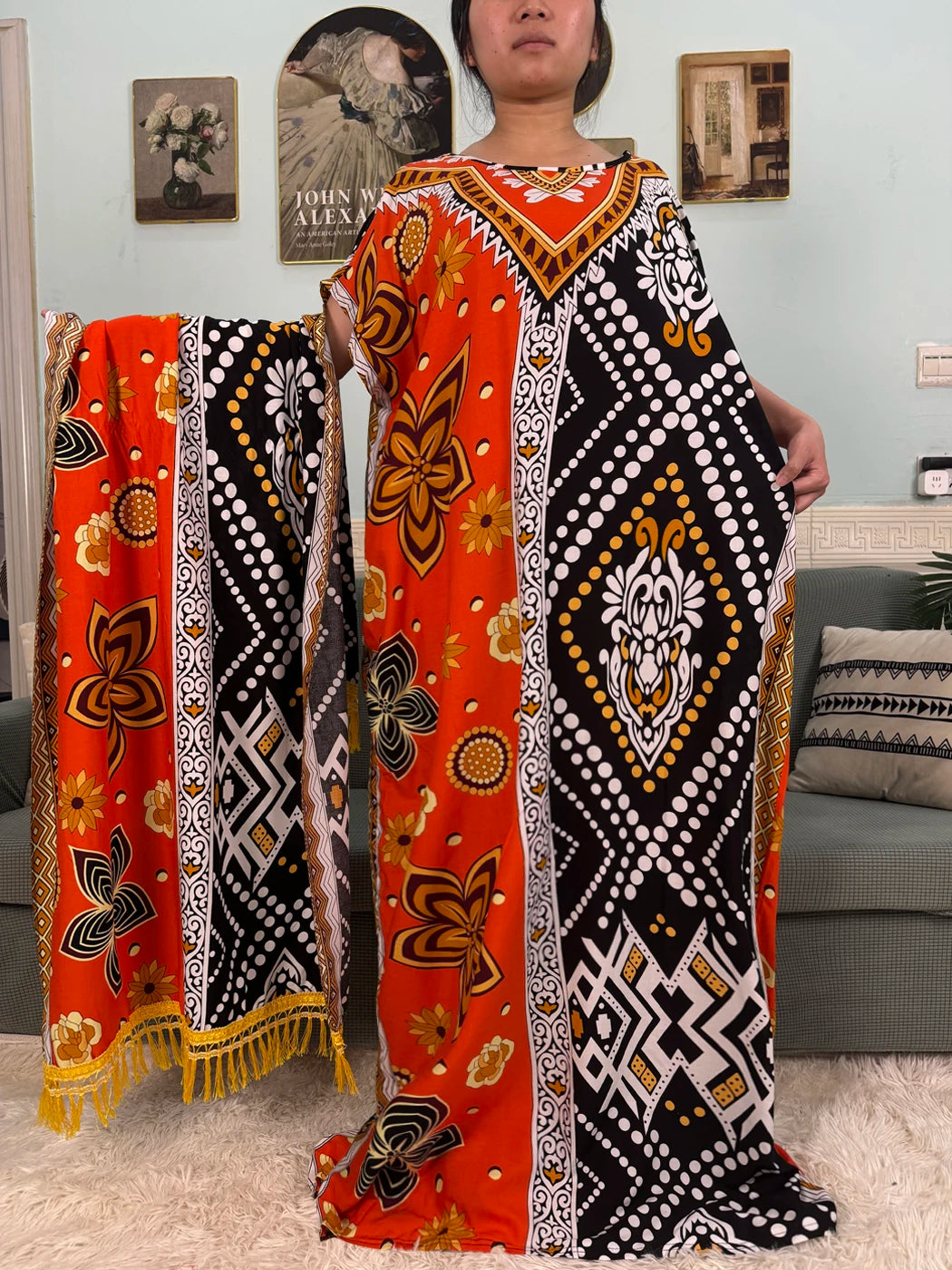 Muslim Abayas For Women 2025 Cotton Floral Printed Loose Caftan Marocain Femme Robe Eid Islam African Dresses With Pocket Scarf