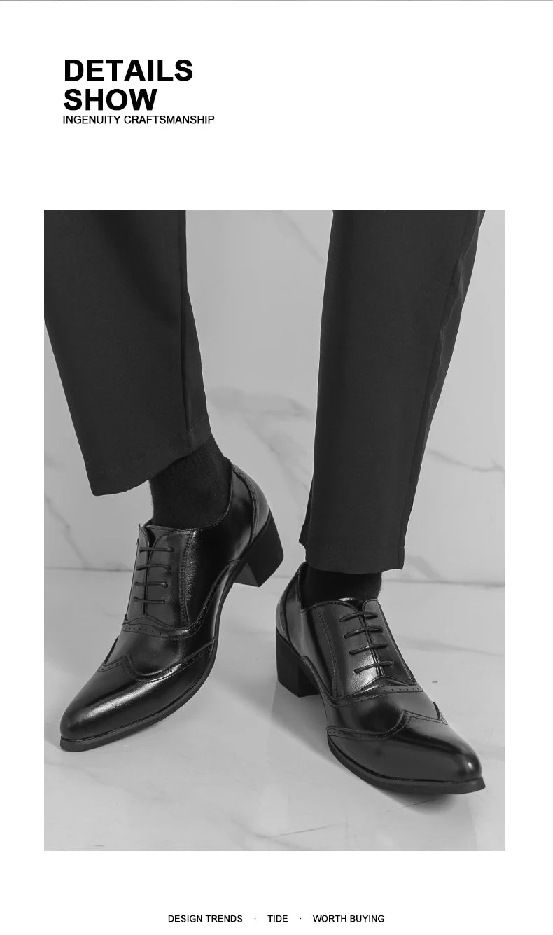 Men's High Heel Business Leather Shoes Mens Pointed Toe Dress Office Flats Men Fashion Wedding Party Oxfords Plus Size 38-46