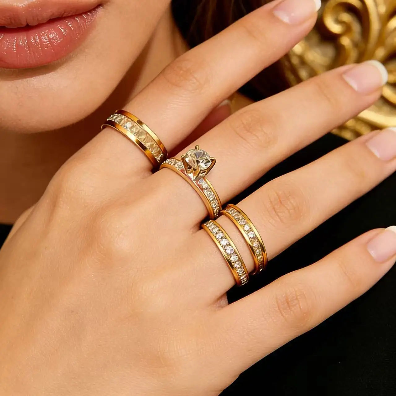 3PCS Set Gold Plated Zirconia (CZ)  Wedding Engagement Band Stainless Steel Ring For Women Classic Jewelry Accessories Gift