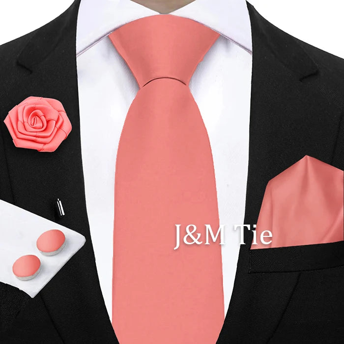 Mens Ties Solid NeckTie Pocket Square Brooch Set Men's Wedding Pink Blue Purple Tie Suit Accessories Fit Group Holiday Party