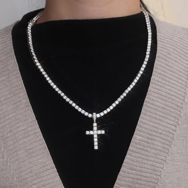 Provence Moissanite Cross Neclace for Women S925 Link Chain 4mm D Color VVS1 Tennis Necklace for Ladies Silver Cross Pendant