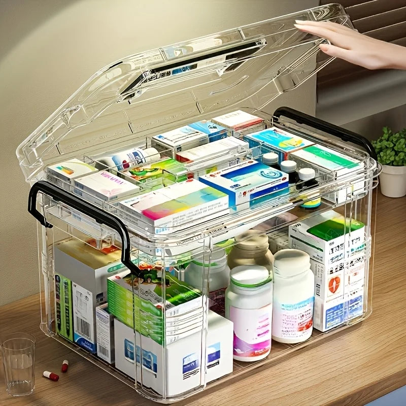 1pc Waterproof Medicine Organizer Box, PVC Storage with Double Layer & Stackable Design, for Pills, Vitamins, First Aid