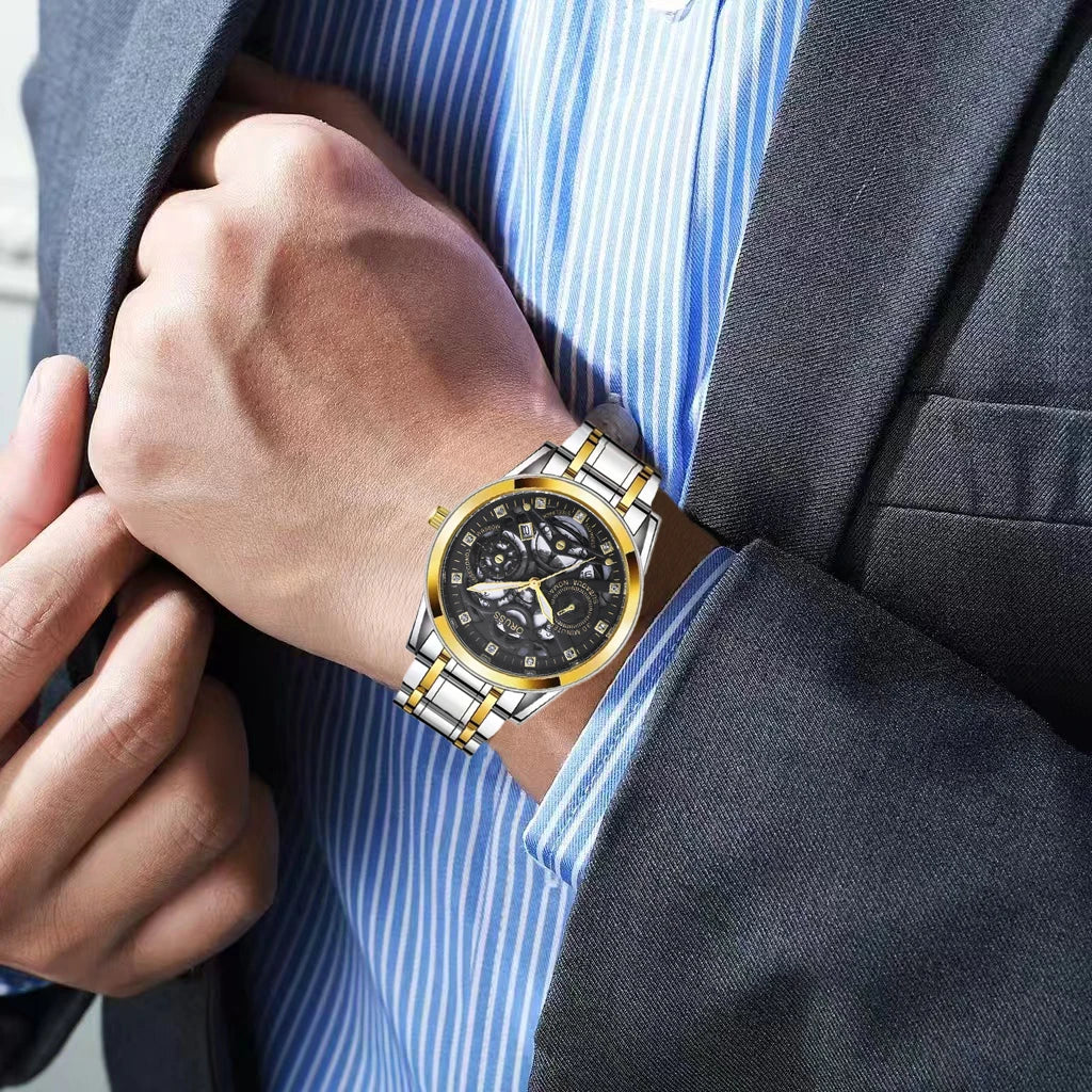 High-end personalized watches; fashionable stainless steel straps; durable and waterproof; hollow gear style; cool and trendy.