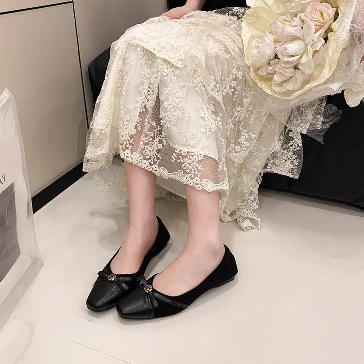 Women's Dance Shoes, Lightweight Breathable Square Toe Bow Flats, PU Leather Office Dress Shoes for Banquet, Date & Party