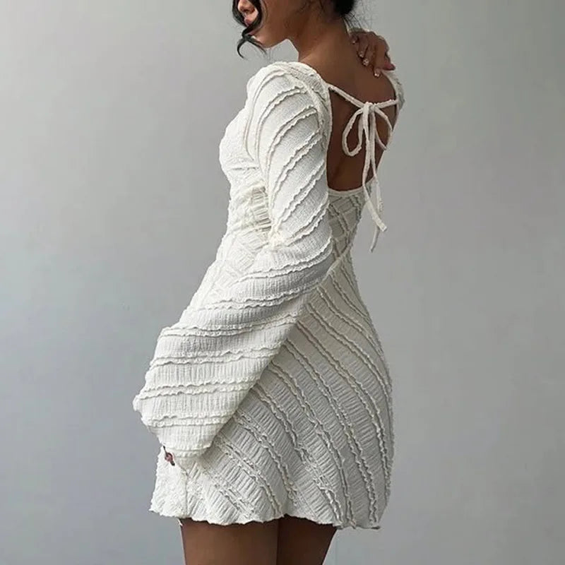Women's Dress, White Knitted Fabric, Boat Collar A-word Short Skirt, Backless Lace-up.