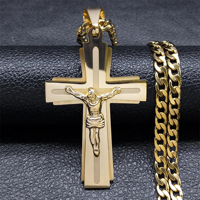 Jesus Cross Necklace Women Stainless Steel Chain for Men Silver Color Crucifix Religious Necklaces Jewelry Cruz collar N2343S05