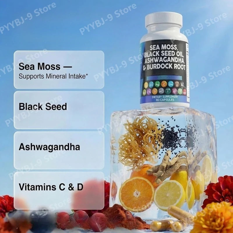 Sea Moss Black Seed Oil Ashwagandha Burdock Bladderwrack Turmeric Complex Elderberry Chlorophyll ACV Dandelion60 Capsules