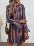 Women's elegant dress, winter dress, striped print, casual, conservative, party-appropriate, belted, button-down, everyday.