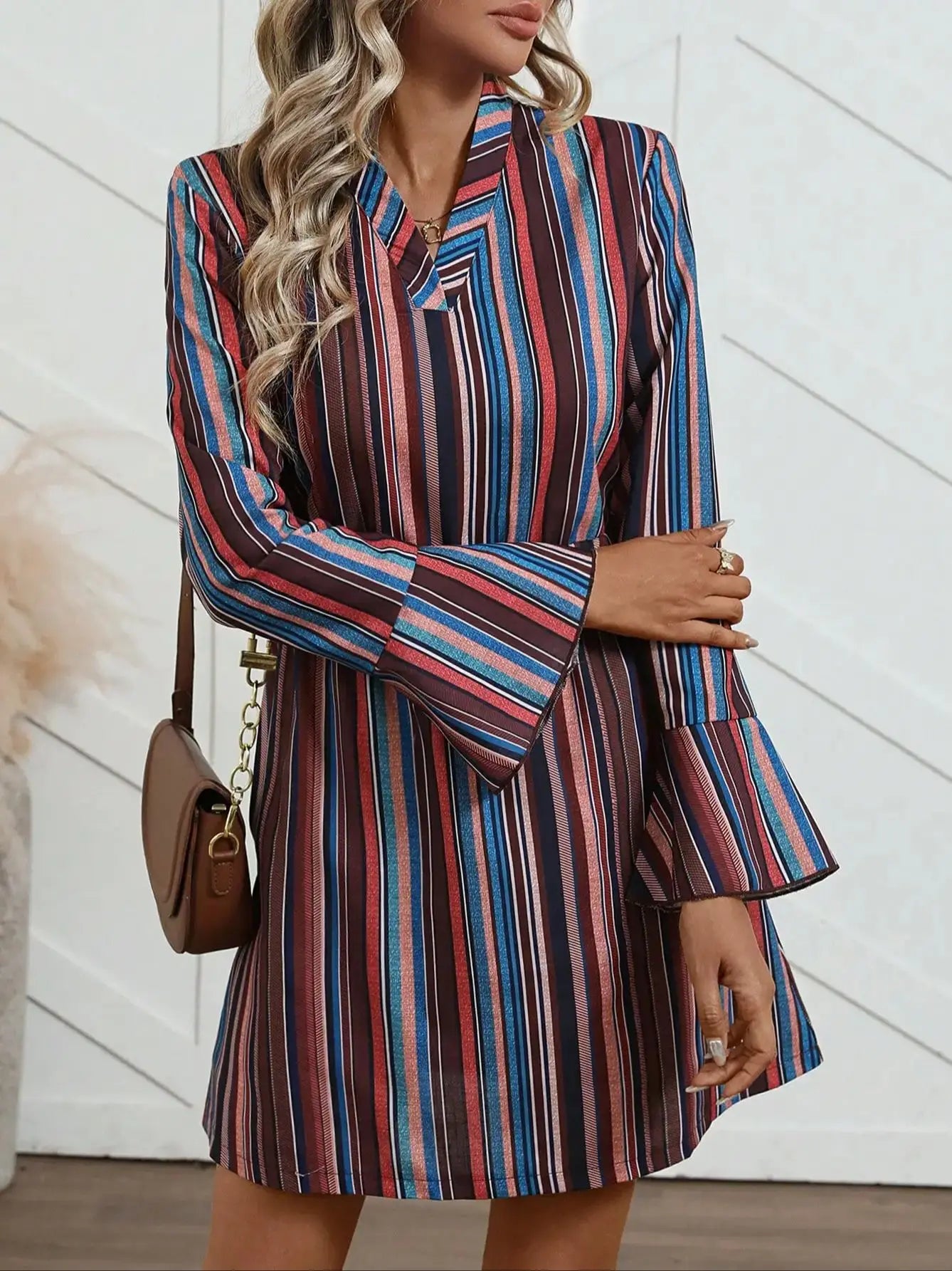 Women's elegant dress, winter dress, striped print, casual, conservative, party-appropriate, belted, button-down, everyday.