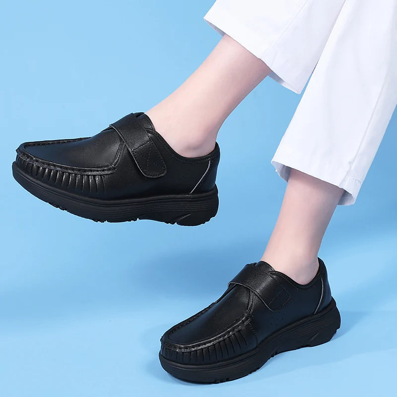 Women's Genuine Leather Nurse Shoes Soft Bottom Comfortable Breathable Anti-Slip Magic Tape Work Shoes Black White Spring Autumn