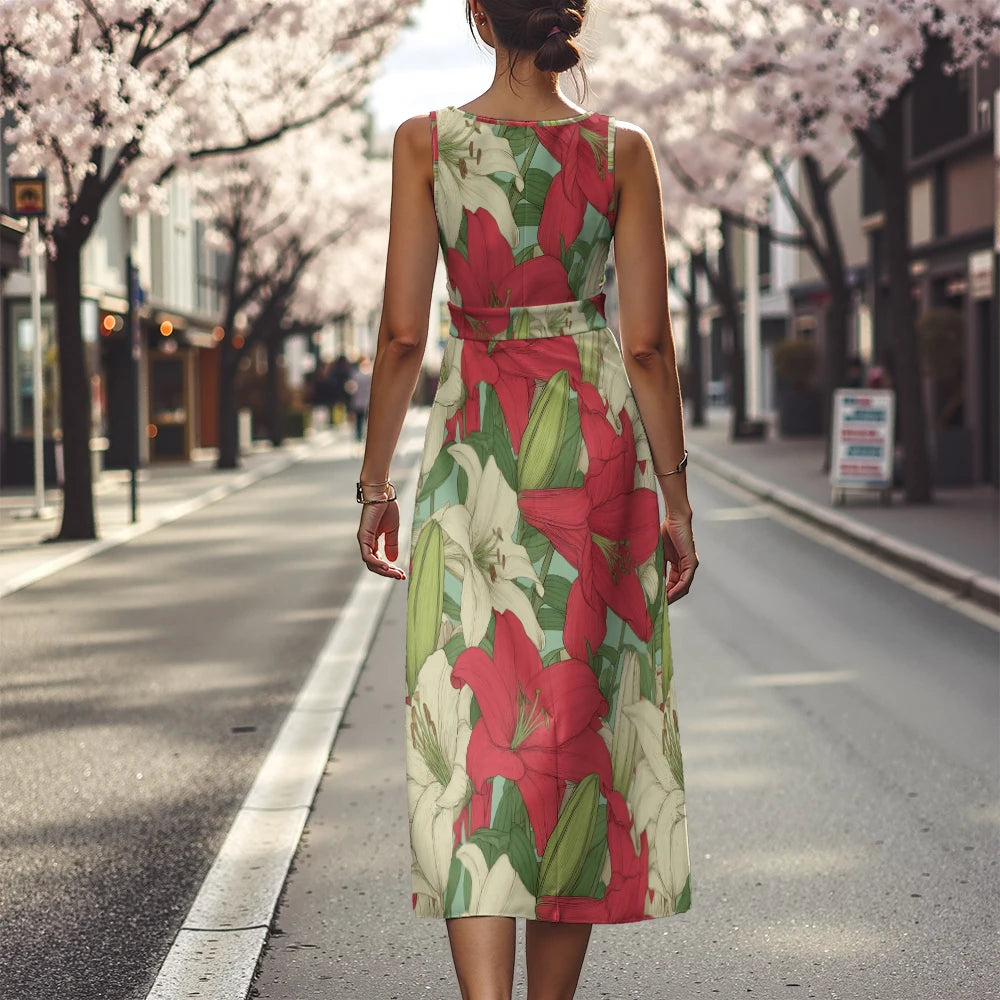 Elegant Floral Dress for Women Breathable A-Line Sleeveless Dress Chic Blue & White with Pink Blooms Office To Vacation Dress