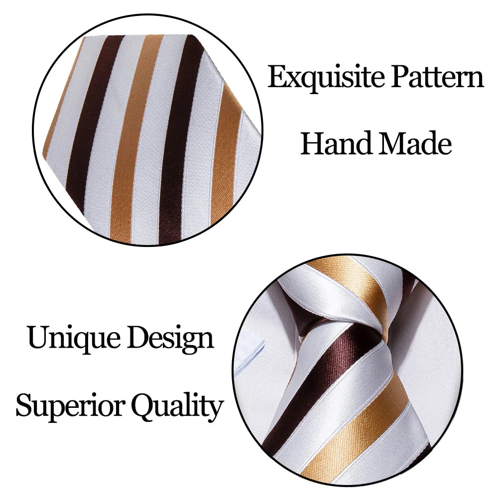 Fashion Khaki Striped Men Silk Necktie Fahsion Tie Handkerchief Cufflinks Sets Male Wedding Business Gift Barry.Wang Stylish