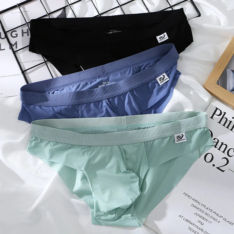 3Pieces/lot Breathable Low Waist Men's Ice Silk Briefs Seamless Shorts Sexy Underwear
