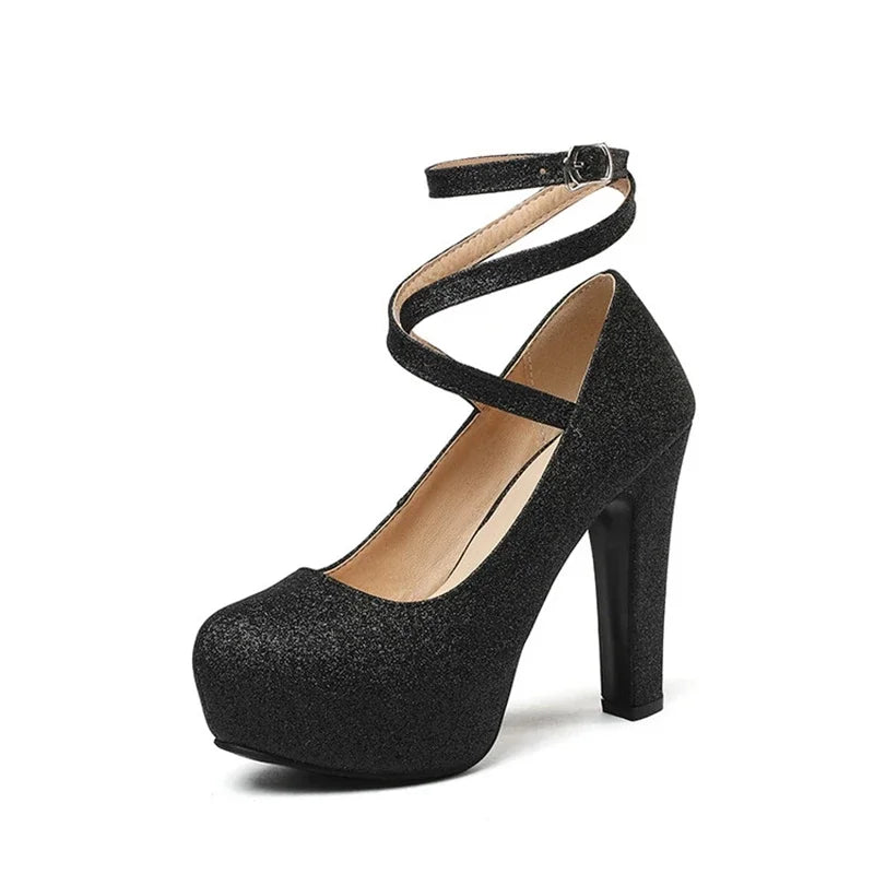Women Shoes Sexy Fashion Round Toe High Heels  Ankle Strap Dress Dance Party Wedding Bride Platform Shoes Big Size 49 50 33-43