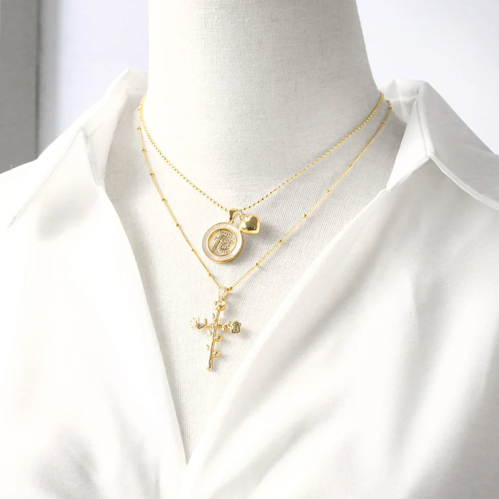FLOLA New Design Gold Plated Rose Flower Cross Necklaces for Women CZ Crystal Fe Cross Necklaces Catholic Jewelry nkeb489
