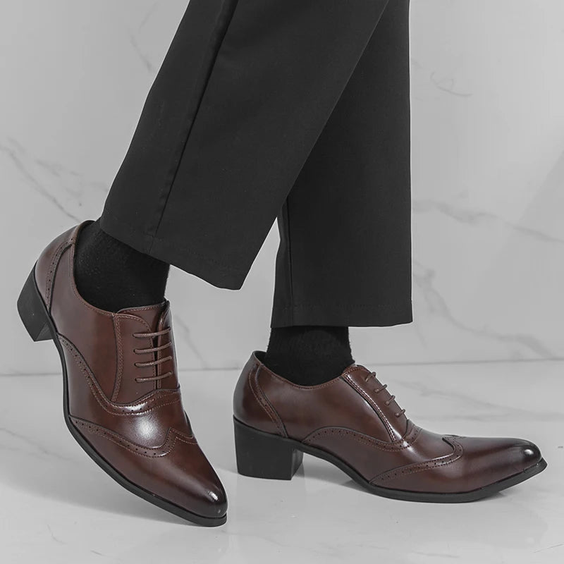Men's High Heel Business Leather Shoes Mens Pointed Toe Dress Office Flats Men Fashion Wedding Party Oxfords Plus Size 38-46