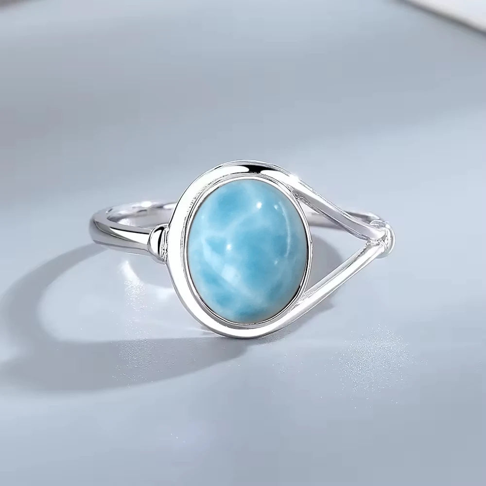 Vintage 925 Silver Ring Natural Larimar Stone Ring Round Flower Shape Sky Blue Summer Ring Fine Jewelry Gift for Men Women