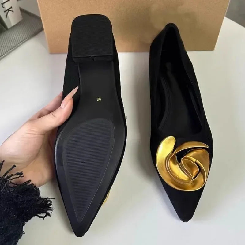 Elegant Office Women's Dress Shoes 2026 Summer New Black Shallow Pointed Toe Fashion Metal Flower Comfortable Ladies Flats