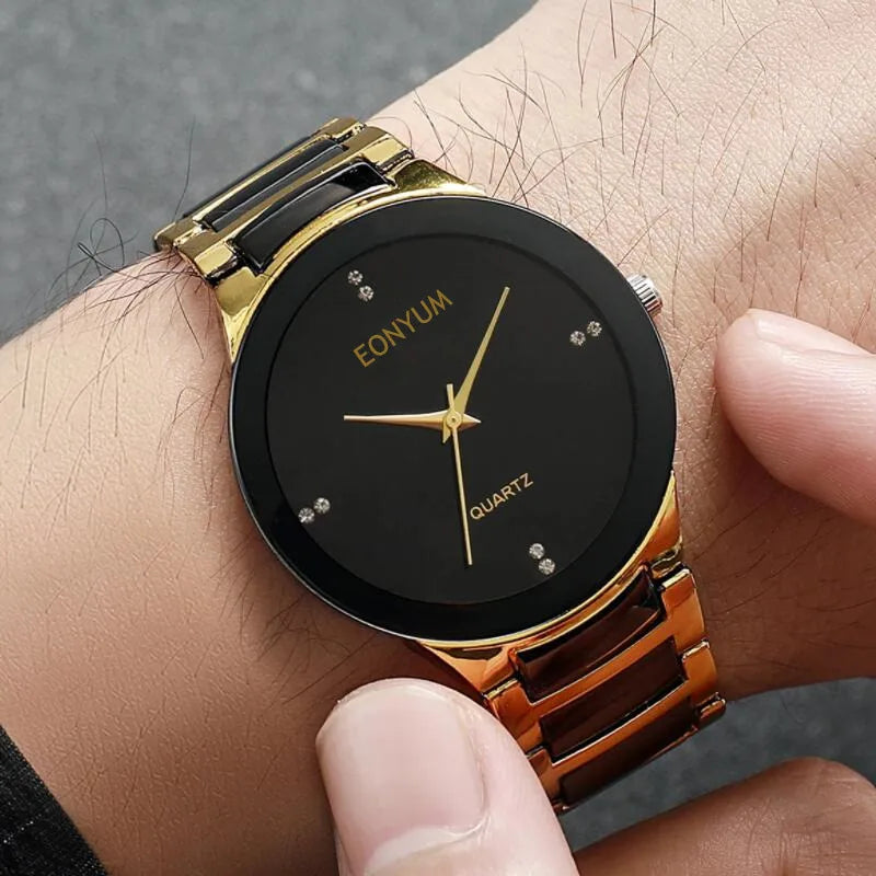 Classic Fashion Men's WristWatches, Trendy Stainless Steel Luxury Exquisite Clock Golden Black Quartz Watch Hot Sale Relojes
