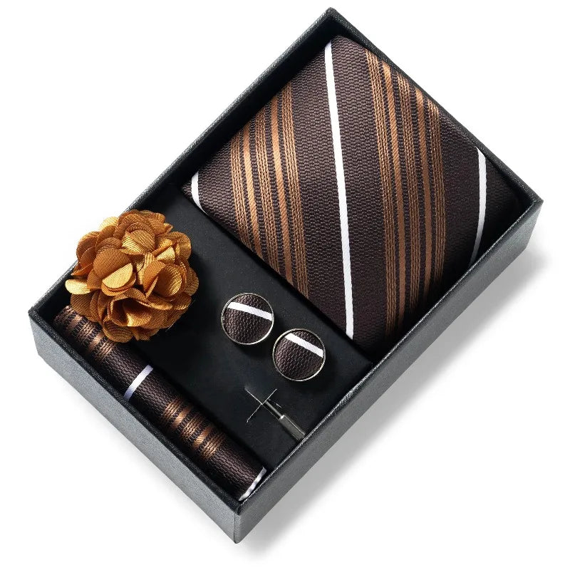Luxury and Fashionable Men's Tie Gift Box Includes Tie, Handkerchief, Cufflinks, Tie Clip, Brooch