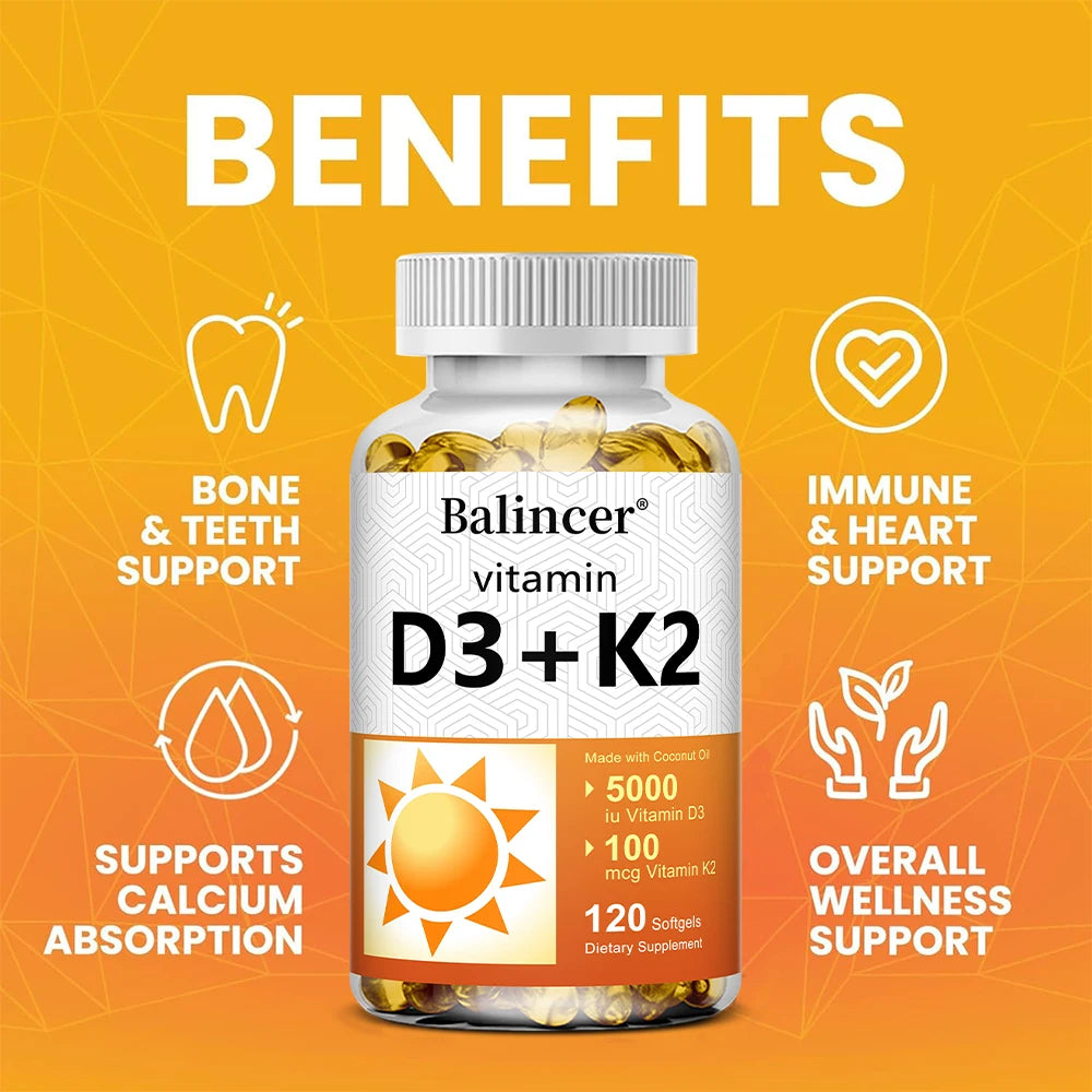 Vitamin D3 5000 IU & K2 MK7 100mcg, Infused with Virgin Coconut Oil,  2 in 1 Formula, Non-GMO | No Gluten