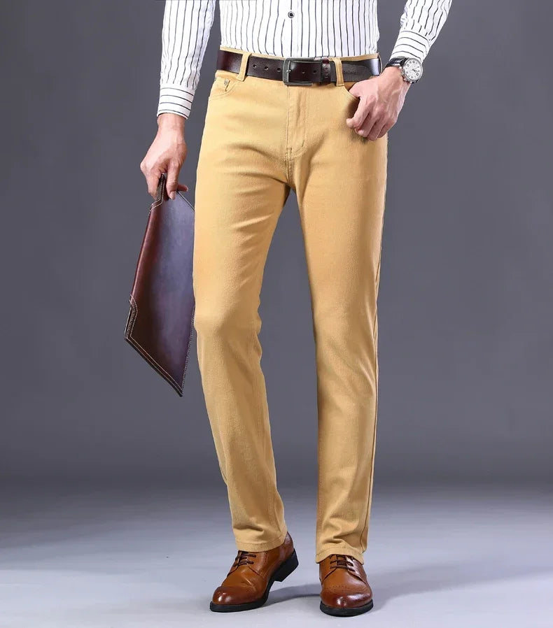 Men's Jeans Pure White Fashion Elastic Slim Youth Slimming Straight Leg Male Pants Business Casual Middle Age High End Trousers