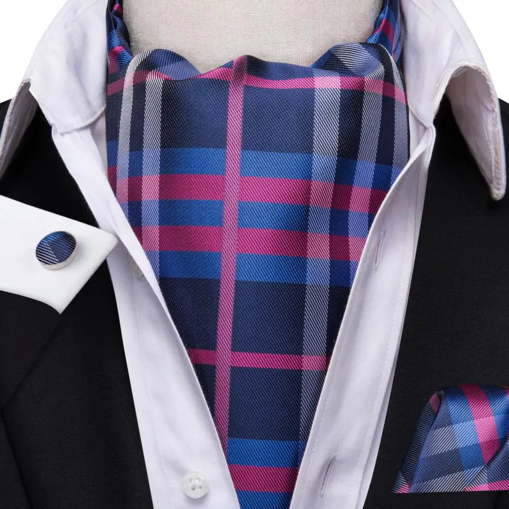 Hi-Tie Mens Ascot Black Pink Blue Red Gold Green Purple White Cravat Tie Hanky Cufflinks for Male Wedding Business Prom