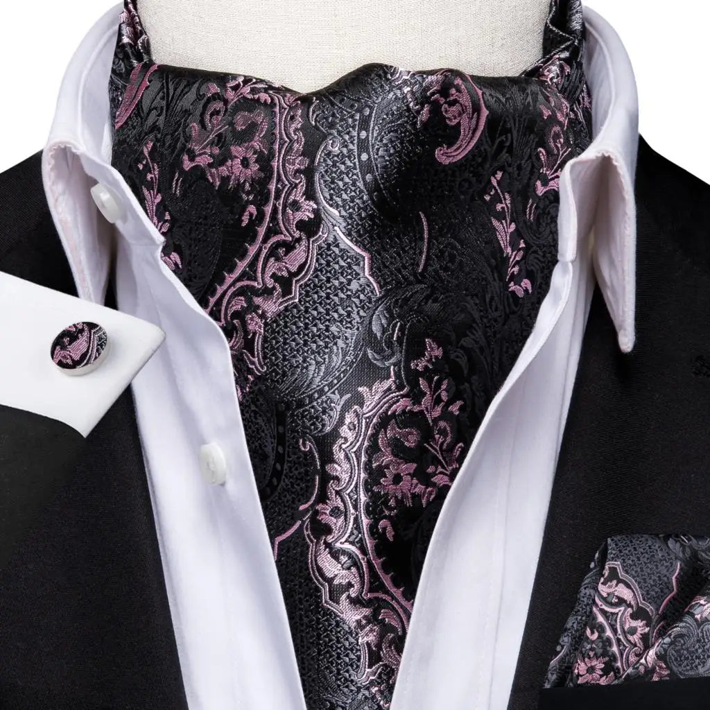 Hi-Tie Mens Ascot Black Pink Blue Red Gold Green Purple White Cravat Tie Hanky Cufflinks for Male Wedding Business Prom