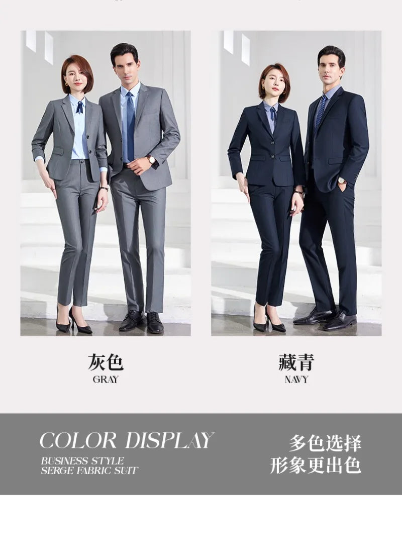 Men's Formal Business Suit Set Black Grey Blue Blazer Pants 2 Piece Work Wear For Office Sales Property 4S Store Staff