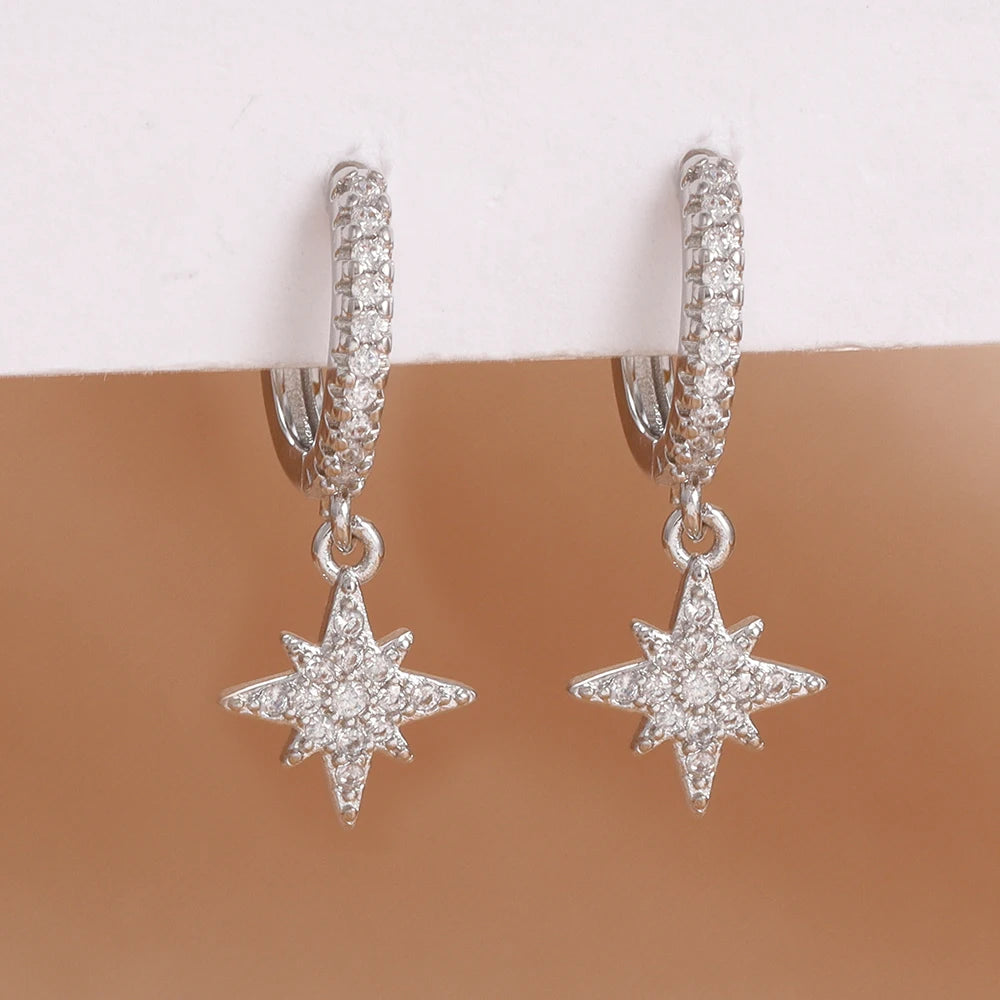 Luxury Stainless Steel Star Dangle Earrings For Women Sparkling Zircons Geometric Ear Piercing Earring Fashion Jewelry aretes