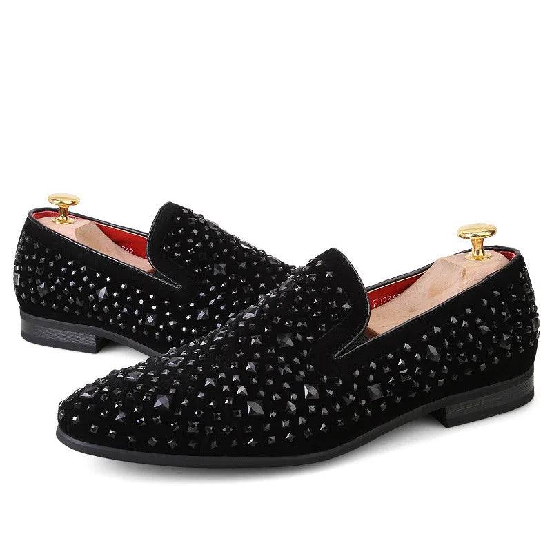 Dress Shoes for Men Luxury Pointed Toe Black Loafers Denim Metal Sequins Shoes Fashion High Quality Men Party Wedding Shoes New