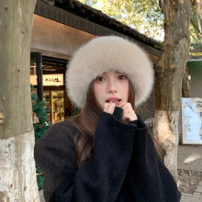Winter Warm Fleece Bucket Hat with Ear Protector,Winter Windproof SolidColor Thick Casual Elegant Pullover for Outdoor Dailywear