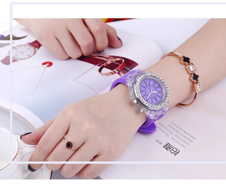 LED Light Flash Luminous Watches Women Men Boys Girls Silicone Wrist Watch Fashion Rhinestone Clock Kids Children Relogio Saati