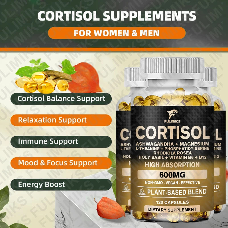 Cortisol Supplement, Hormone Balance, Magnesium, Ashwagandha, Rhodiola, L-Theanine, Vitamin B6 & B12, Mood, Focus, Sleep Support