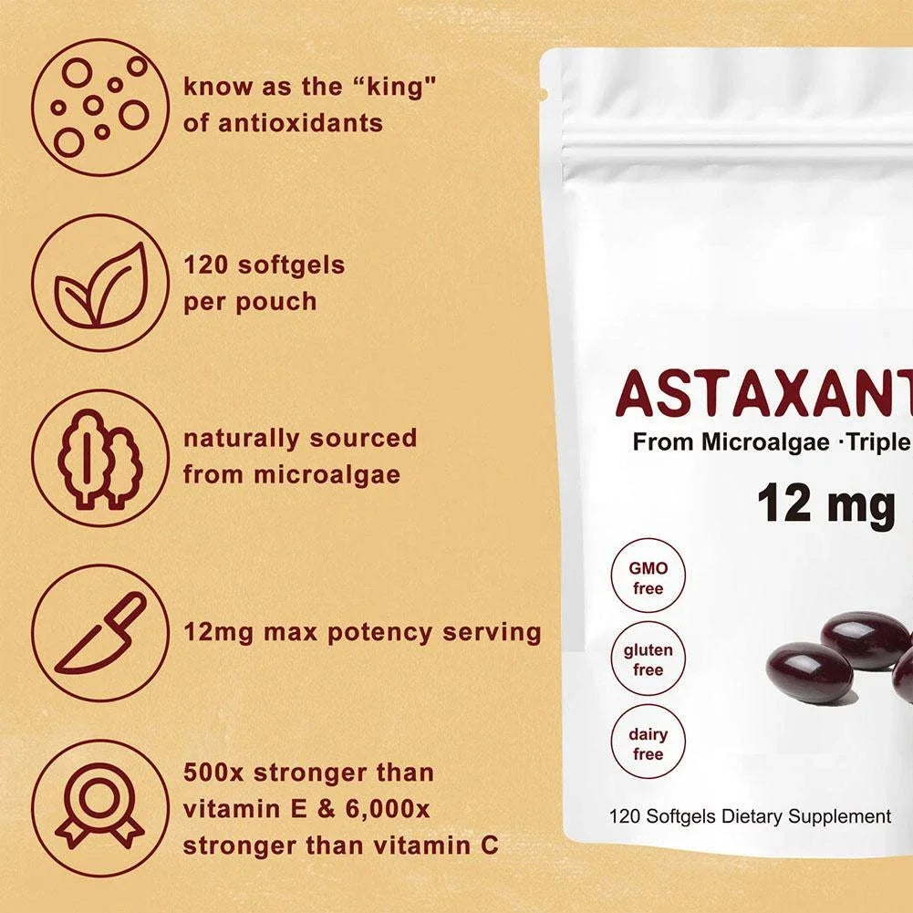 Premium Astaxanthin Capsules Antioxidant Supplements Supports Eye, Joint, Internal Circulation, Skin Health & Natural Tanning