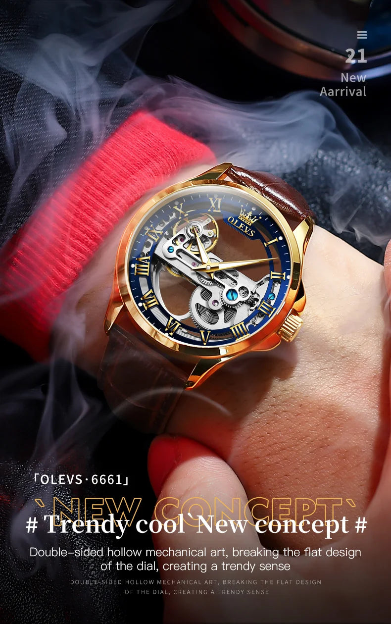 OLEVS 6661 Top Brand Men's Watches Fashion Hollow Flywheel Automatic Mechanical Wristwatch Waterproof Luminous Leather Strap