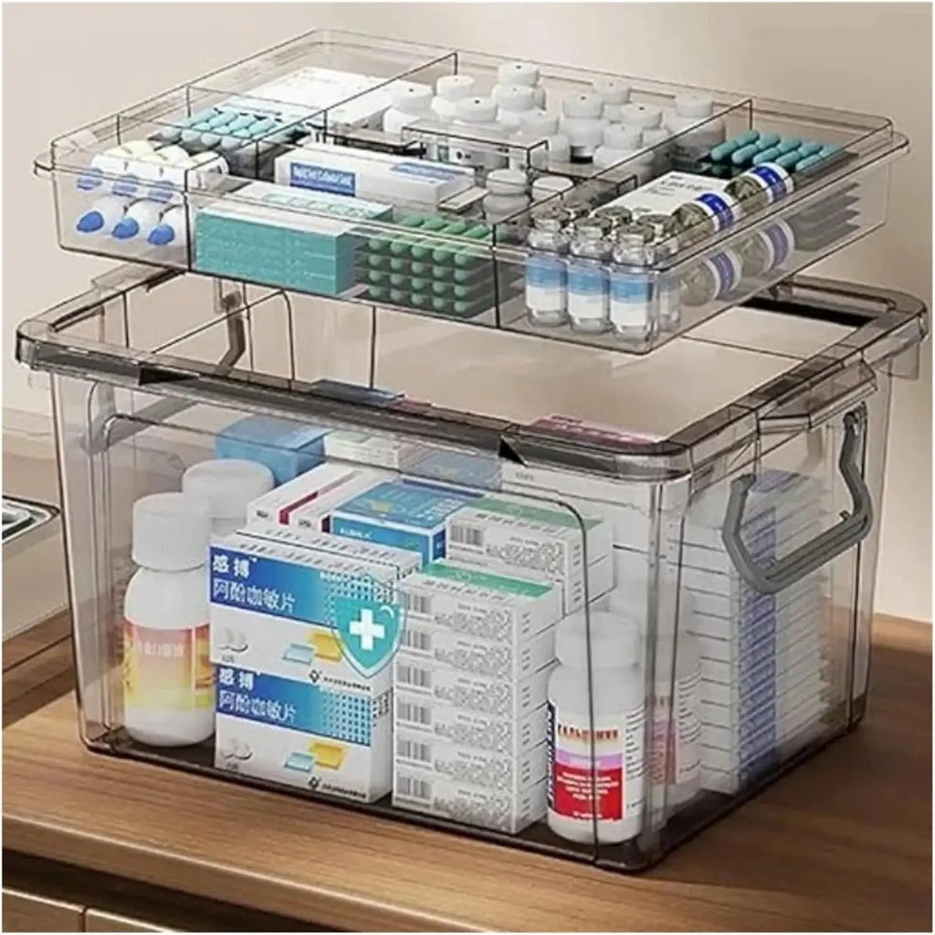 Clear Medicine Organizer Storage Box with Tray, Plastic First Aid Box Empty, Thickened Medicine Container Chest, Medicine Caddy