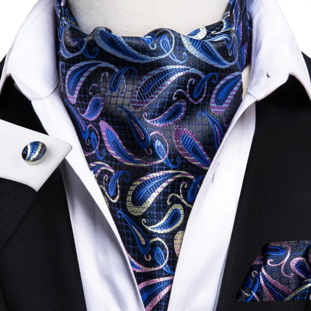 Hi-Tie Mens Ascot Black Pink Blue Red Gold Green Purple White Cravat Tie Hanky Cufflinks for Male Wedding Business Prom