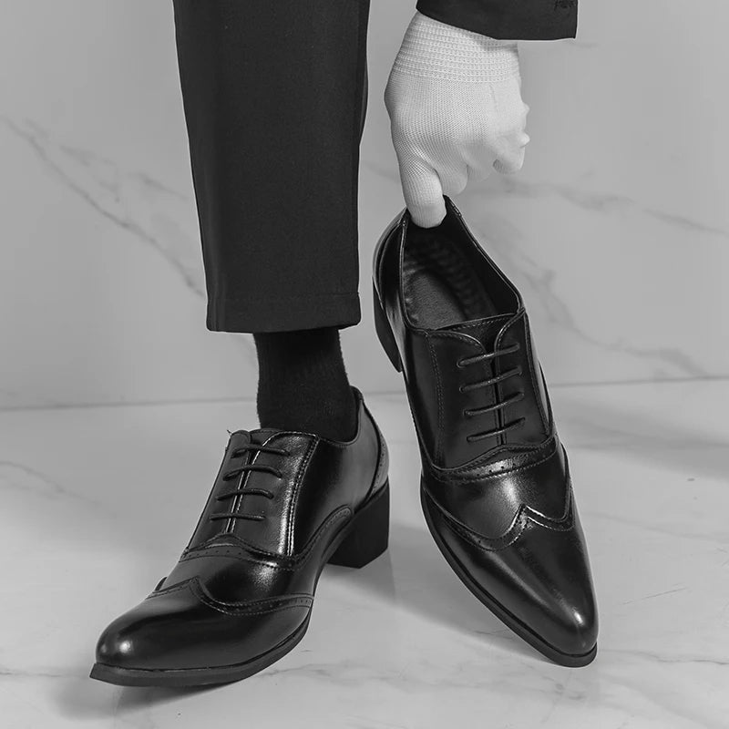 Men's High Heel Business Leather Shoes Mens Pointed Toe Dress Office Flats Men Fashion Wedding Party Oxfords Plus Size 38-46