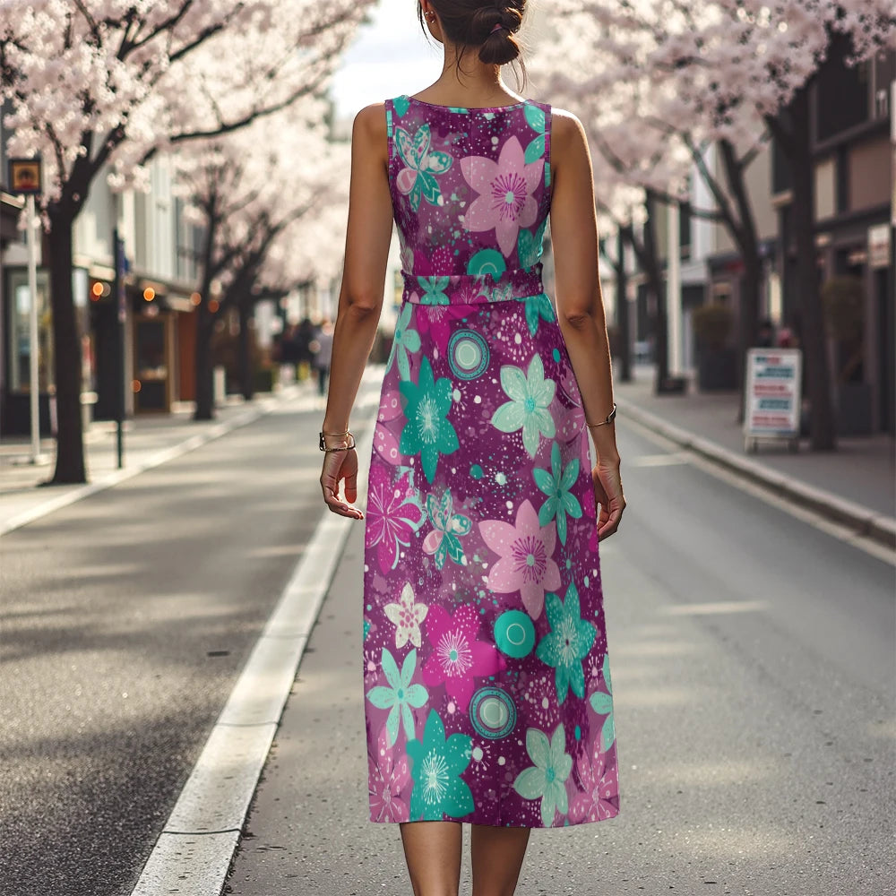 Elegant Floral Dress for Women Breathable A-Line Sleeveless Dress Chic Blue & White with Pink Blooms Office To Vacation Dress