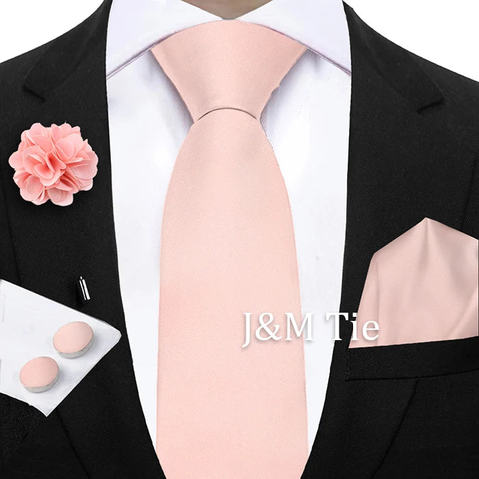 Mens Ties Solid NeckTie Pocket Square Brooch Set Men's Wedding Pink Blue Purple Tie Suit Accessories Fit Group Holiday Party