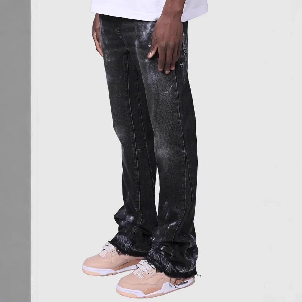 Men's Fashion Jeans Work Pants, European and American Fashion Workwear Elastic Patchwork Denim Layered Flared Pants S-XXL