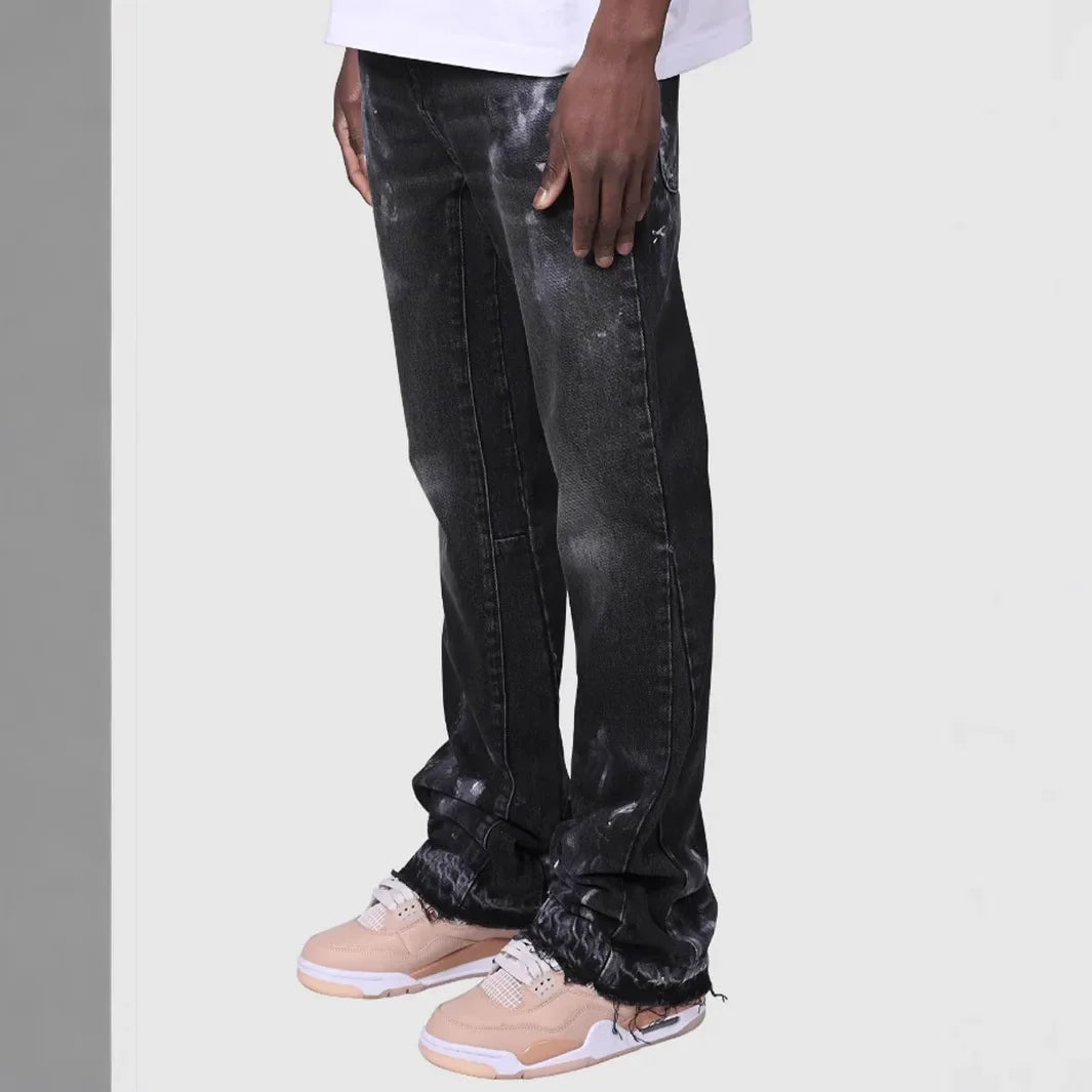 Men's Fashion Jeans Work Pants, European and American Fashion Workwear Elastic Patchwork Denim Layered Flared Pants S-XXL