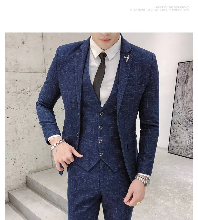 Men's Business Fitted Two-Button Suit Set Fashionable Versatile Trendy Three-Piece Ensemble for Groom Best Man Banquet Dress