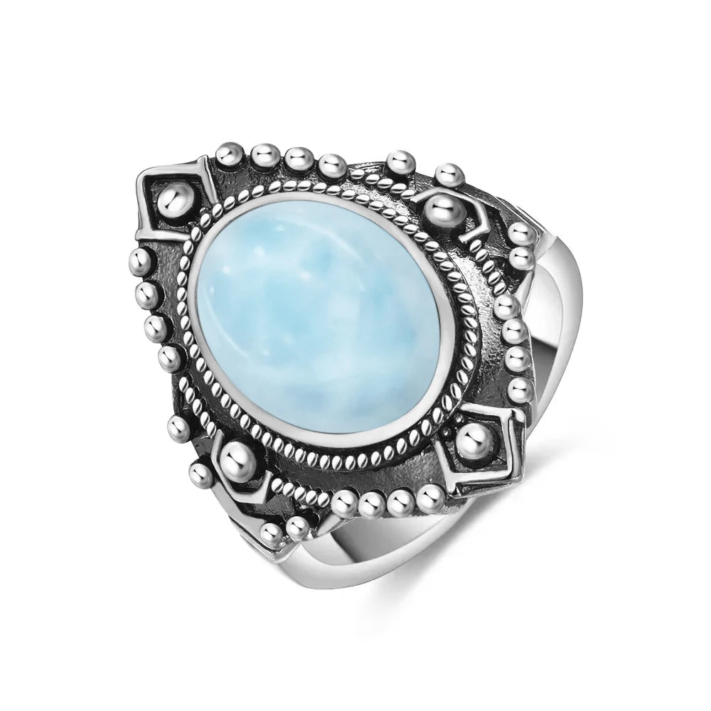 Vintage 925 Silver Ring Natural Larimar Stone Ring Round Flower Shape Sky Blue Summer Ring Fine Jewelry Gift for Men Women