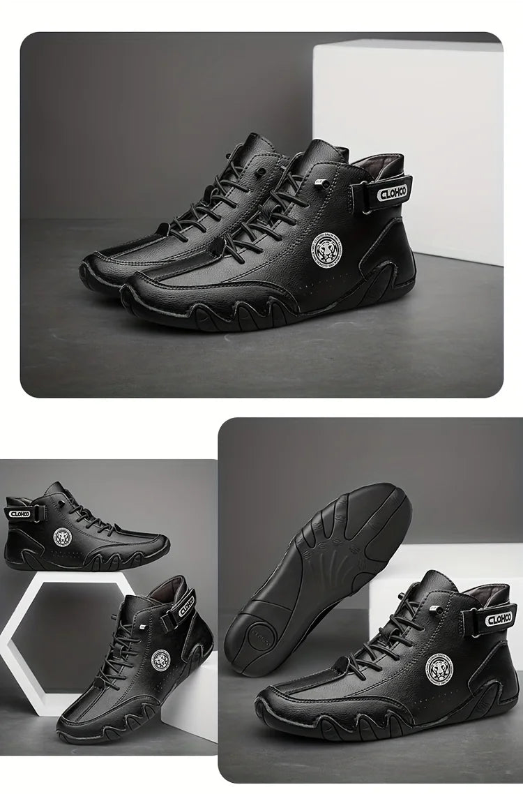 CLOHOO Men's PU Leather Lace Up Sneakers Black Casual Walking Shoes Lightweight Comfortable Breathable Brown Shoes for Men
