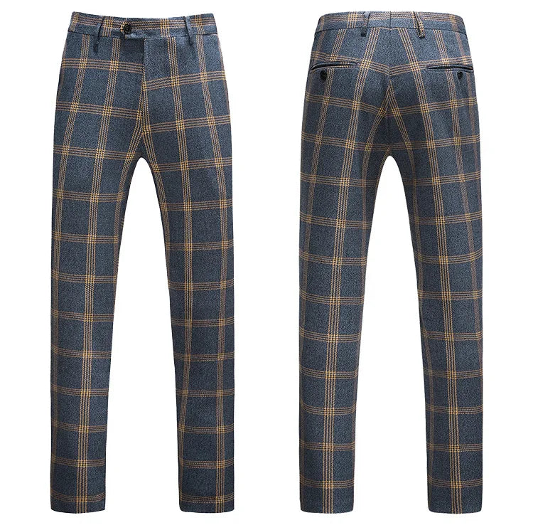 Men 3-piece Suit Outfit Single-breasted Blazer Man V-neck Vest Stright-leg Pant Male Retro Plaid Slim Business Wedding Suits
