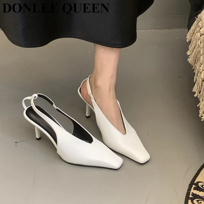 2026 New Spring Women Sandals Fashion Thin High Heels Pumps Square Toe Shallow Women's Shoes For Party Dress Mules Zapatos Mujer